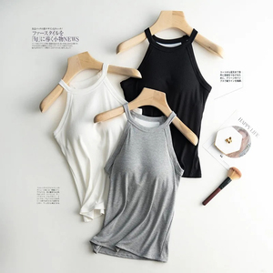 Camisetas sólidas básicas para mujer, camisola ajustada con cuello Halter y hombros descubiertos, camisetas de verano para mujer, camisetas sin mangas con almohadilla para el pecho - Product Image 3