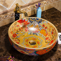 Luxe Famille Rose Art Bassin Céramique Comptoir Lavabo Rond Coloré Évier Salle De Bains Moderne Toilette Lavabo En Céramique