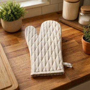 Premium Linen Quilted Oven <b>Mitten</b> with Geometric Stripe Pattern – Heat Resistant Kitchen <b>Glove</b> for Cooking & Baking - Product Image 3