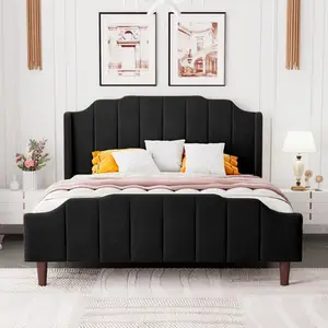 凯尼斯卧室家具木床双人现代黑色豪华天鹅绒布艺床软垫翼背通道簇绒床