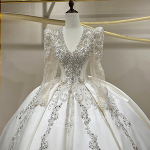 JFH88 Exquisite Satin V-Neck <b>Sequined</b> Crystal Chapel Train Modern Floral Lace Appliques Embroidery Floor-Length Wedding Ball - Product Image 3