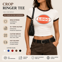 T-shirt court à col rond pour femme, blanc avec bordure marron contrastée, logo personnalisé, 100% coton tissé, léger, coupe ajustée