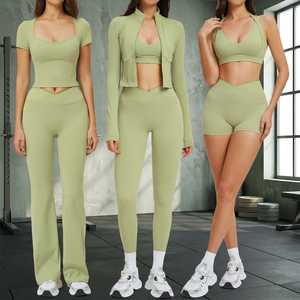 Solid Green Yoga Set 2 Piece Crop Top High Waist <b>Leggings</b> Seamless Breathable Sport Wear for Women - Product Image 3