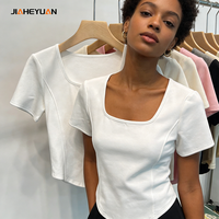 Vente en gros de t-shirts courts à col carré personnalisés pour femmes, à manches courtes, ajustés, avec ourlet incurvé, vêtements streetwear, fabricant