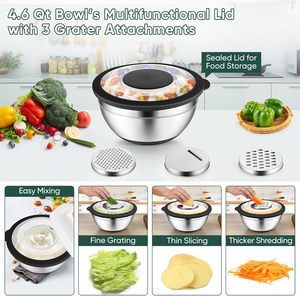 Trộn bát có nắp đậy Bộ <span class=keywords><strong>3</strong></span> thép không gỉ làm tổ Bát salad và chao cho nhà bếp vắt tập tin đính kèm không trượt đáy - Product Image 3