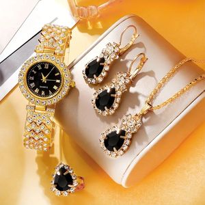 Ensemble de 5 montres-bracelets analogiques vintage Rhinestone Quartz cadran en verre fenêtre Rome bijoux de mode pour femmes-cadeau parfait pour maman - Product Image 1