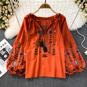 2025 printemps et automne National rétro <span class=keywords><strong>littérature</strong></span> ample brodé coton lin col rond pull chemise femmes haut décontracté - Product Image 3