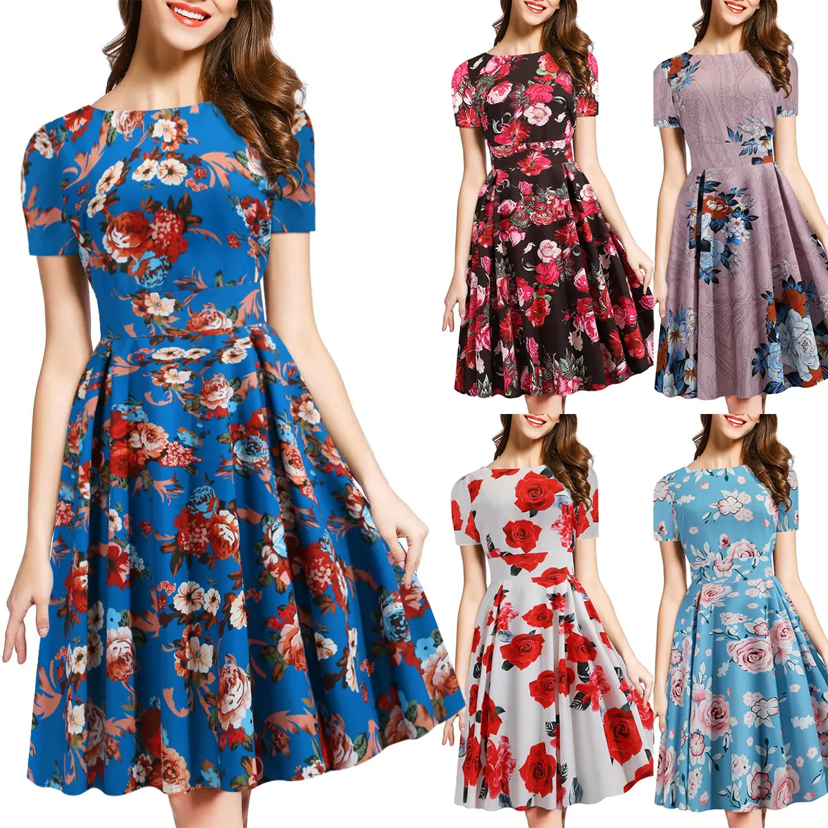 Short sleeve floral lady party dresses for women 2022 Summer retro Hepburn style printed round neck big swing dress