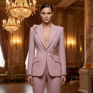 Ensemble tailleur deux pièces pour <span class=keywords><strong>femme</strong></span>, blazer brodé or rose, pantalon slim, élégant, rose poudré, de qualité supérieure, sur mesure, Jinyuan - Product Image 5
