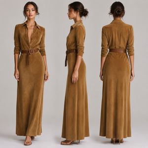 Abito Lungo da Donna Personalizzato in Camoscio Marrone con <span class=keywords><strong>Colletto</strong></span> e Cintura, Elegante per Ufficio, Stile Old Money, Vendita all'Ingrosso OEM - Product Image 2