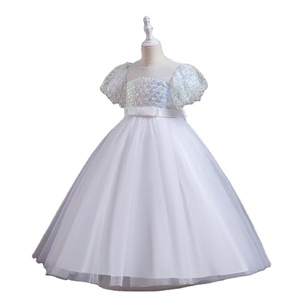 2024 abito da sera da ragazza estivo da 1 a 14 anni con scollo rotondo con maniche a bolle di paillettes rosa vestito da principessa adatto per bambini - Product Image 5