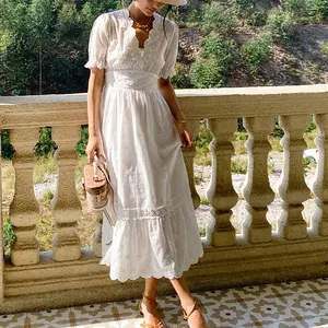 2022 Women Dresses Manufacturer Small Orders V Neck Half Sleeve White Organic Cotton Embroidery Fabric Maxi Dress