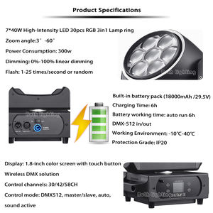 Fari mobili Both Lighting BPM Splash X, Faretto singolo bianco 7*40W Bee Eye, Batteria wireless, Effetto arcobaleno, per matrimoni, DJ, feste - Product Image 3