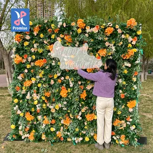 Promise Artificial Flower Wall Silk 3D Event Decoration Orange Flowers And Greenery Flower Wall
