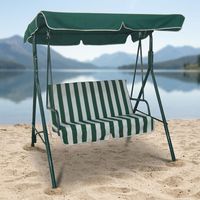 Chaise suspendue de jardin extérieure 2 places personnalisable (couleur, taille, logo) avec coussin rayé, auvent festonné et hamac de véranda en métal