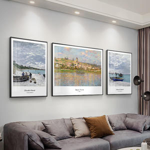 Pintura Impresionista Vintage de 3 Paneles con Marco de Porcelana de Cristal, Paisaje de Monet <span class=keywords><strong>Riverside</strong></span> Village, Pintura Mural para Decoración del Hogar - Product Image 4