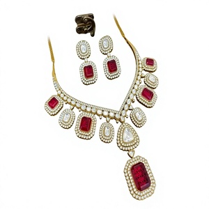 Stylish Gold Plated Zircon <b>Necklace</b> <b>Set</b> With Red Stones And Pearls For Women <b>Wedding</b> Jewelry Collection - Product Image 2