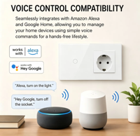 Interrupteur intelligent WiFi UBARO 157 Type, prise standard européenne, verre trempé, IP20, commande à distance par application murale, Google Assistant, Alexa Voice