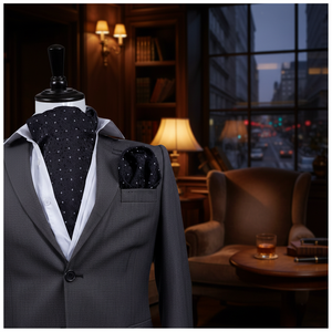 ชุดสูทธุรกิจสไตล์อังกฤษ พร้อมผ้าเช็ดหน้า Ascot ลายดอกไม้สีดำขาว ผ้า Worsted ผ้าไหม 100% - Product Image 3
