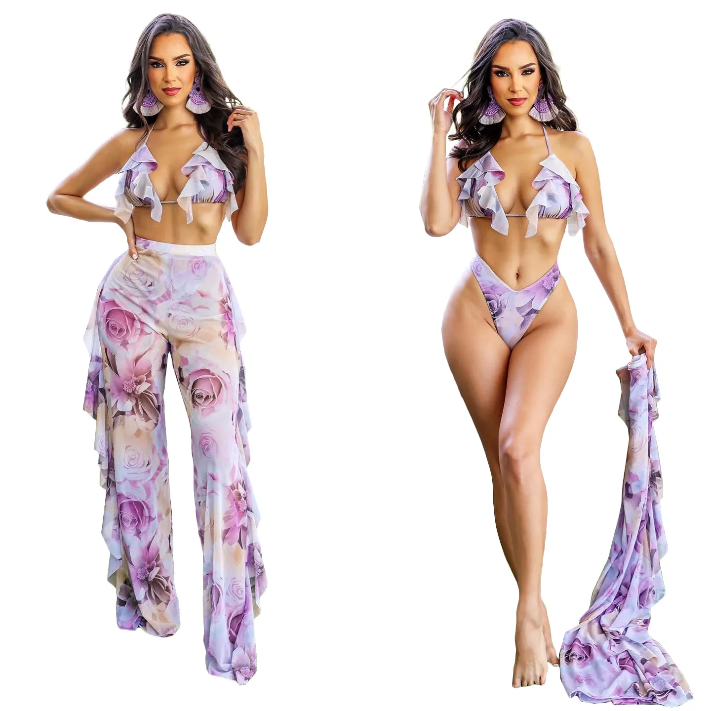 Summer New Sexy 3 Pieces Floral Print Swimwear Swimsuit Bikini with Pants For Women Bathing Suit Beach Wear