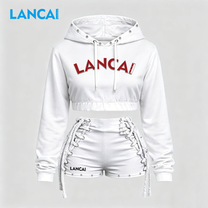 LANCAI Women <b>2</b> <b>Piece</b> Shorts <b>Set</b> <b>White</b> Hooded Crop Top Lace Up Shorts Studded Streetwear Cropped Hoodie Cotton Matching Outfit - Product Image 1