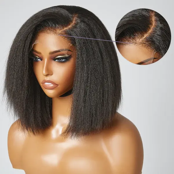 wear and go yaki kinky straight 150% density glueless deep C part short bob 4x4 lace closure wig 100% human hair pre cut lace