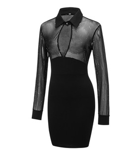 S-XXL nouveau été maille épissure Slim Fit Wrap hanche robe noir maille manches robes de soirée revers découpé robe - Product Image 4