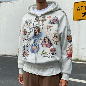 Primavera Streetwear Hombres Impreso Gráfico Sudaderas con cremallera de gran tamaño Personalizado Algodón Peso pesado Hombres Zip up Hoodie Fabricantes - Product Image 2