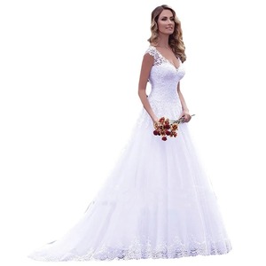 Lace Wedding Dress V-neck A-line Train White Bridal Gown Simple Elegant Style - Product Image 5