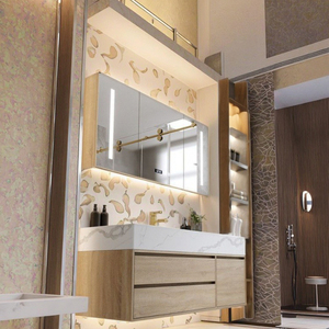 Mueble de baño de lujo moderno montado en la pared con espejo LED, armario de baño de almacenamiento grande con carcasa de PVC MDF <span class=keywords><strong>para</strong></span> hoteles - Product Image 4