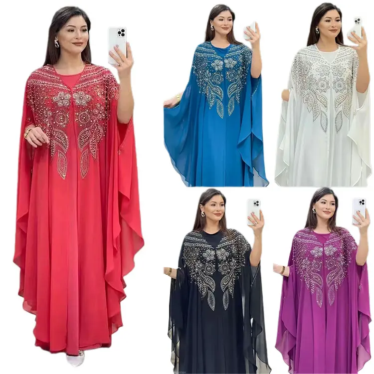 Wholesale Pakistan Dubai Printed Chiffon Thobe Muslim Abaya African Kaftan Beading And Sequined Robe Dress For Woman