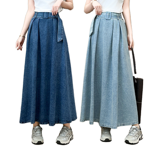 High-Quality Denim <b>Skirt</b> for Women Casual <b>Elastic</b> <b>Waist</b> Pleated Midi Women Floor-Length <b>Skirt</b> Solid Color Style All Seasons Wear - Product Image 2