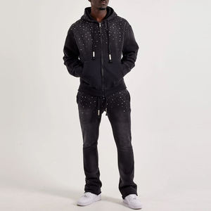 Survêtement Homme Personnalisé OEM Couleur Unie avec Strass, Style Décontracté Streetwear, Vêtement d'Hiver à Capuche Respirant et Séchage Rapide - Product Image 1