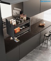 Cesta de Armazenamento de Cozinha Moderna de Instalação Fácil, Cesta Elevatória Hidráulica de Madeira com Dupla Abertura