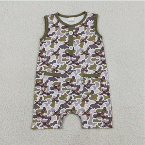 Sibling Baby Boys Green Camo Ducks Pocket Button Top Short Hunting <b>Clothes</b> Set Rompers - Product Image 3