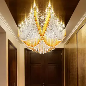 照明设计酒店大堂大型定制现代方形金色手工艺术吹制玻璃吊坠