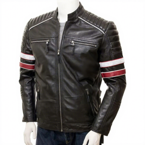 Chaqueta de Cuero Genuino Negra para Hombre con Rayas Rojas y Blancas, Estilo Biker Cafe Racer, Abrigo de Piel de Vacuno con Hombros Acolchados, Prenda Exterior Clásica Personalizada de Moda - Product Image 1