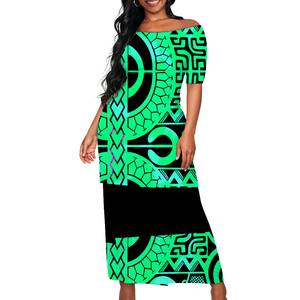 Venta caliente estilo marquesano diseño de tatuaje polinesio personalizado Sexy ajustado mujer manga corta Top envoltura cadera falda Puletasi - Product Image 2