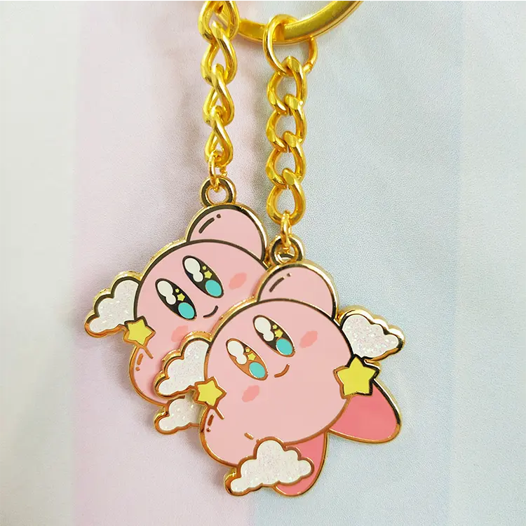 Promotional metal keychains cute Kirby design key chain gold plated custom enamel keychain with glitter