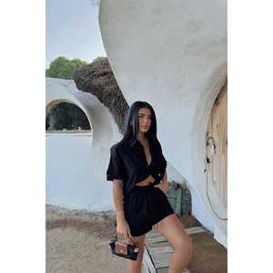 Black Yulia <b>Linen</b> Two-Piece <b>Set</b> for <b>Women</b> Casual Summer Skinny Top and Shorts Woven Cotton Knitting Solid Pattern - Product Image 4