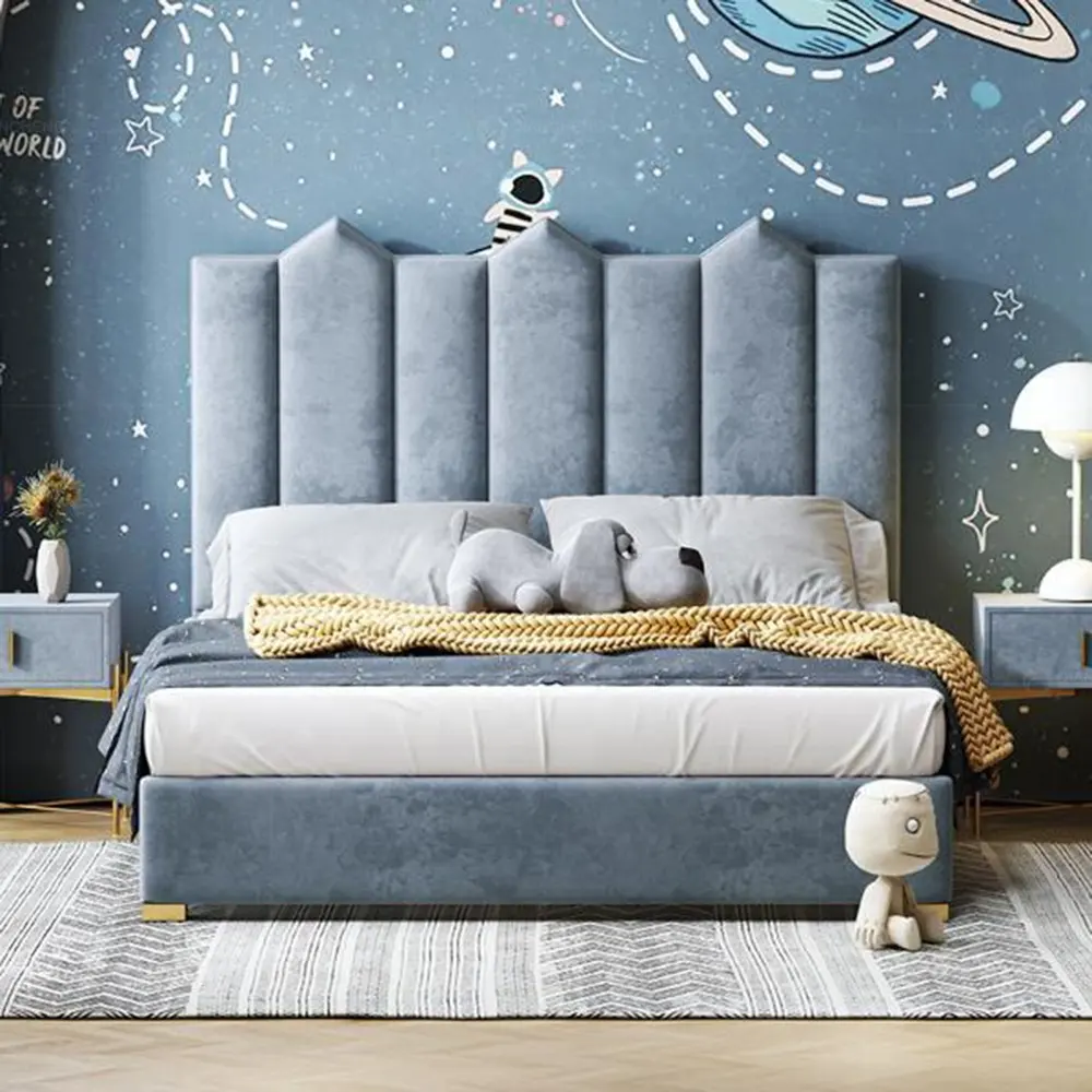 İskandinav yatak odası bebekler mavi kadife köşe çekyat tepeli chesterfield yüksek karyola yatak
