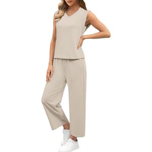 Conjunto de dos piezas para mujer, mono informal de verano sin mangas con cuello en V, conjunto a juego transpirable para vacaciones, viajes y negocios - Product Image 3