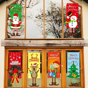 Bannières suspendues de Noël avec motifs Père Noël, bonhomme de neige, renne, elfe, et inscription Joyeux Noël pour la décoration de fenêtre - Product Image 1