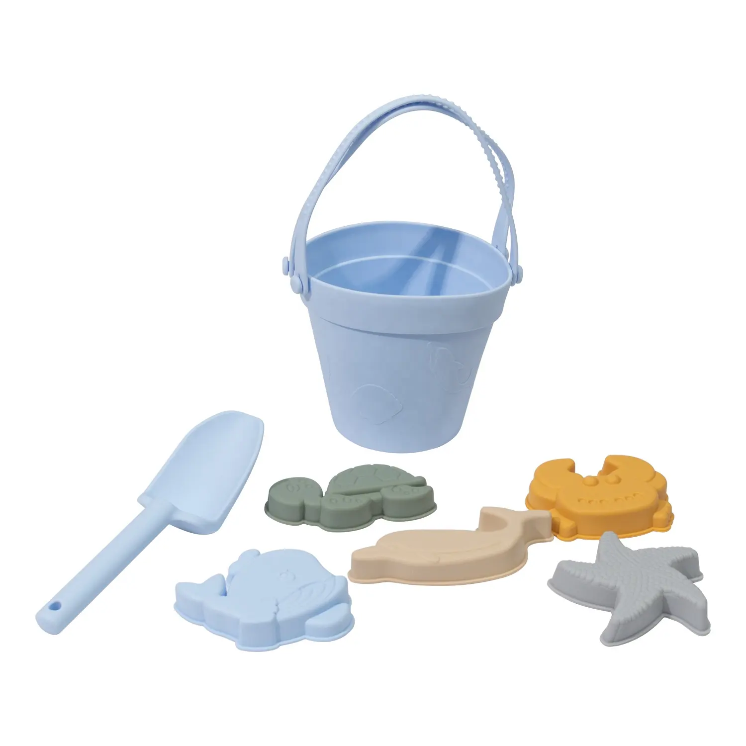 14 piezas de juguetes de playa de silicona juguetes de arena incluyen 2 cubos de silicona, 2 palas, 9 moldes de arena, 1 bolsa de playa para niños niñas