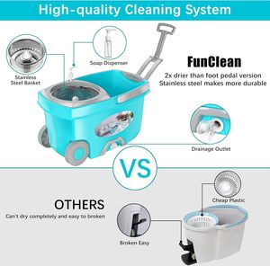FunClean pour ensemble de <span class=keywords><strong>seau</strong></span> avec essoreuse rotative à 360°, 6 recharges en microfibre, manche télescopique en acier inoxydable de 61 pouces, 2 roues, bleu - Product Image 4