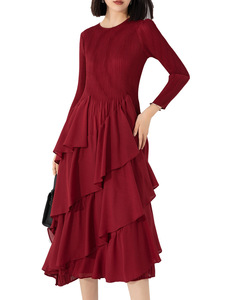 Abito a Pieghe Casual da Donna 2026, Vestito Elasticizzato con Collo Tondo e Maniche Lunghe, Modello Cake Dress - Product Image 3