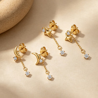 Boucles d'oreilles clous tendance en argent sterling 925 avec zircon cubique, motif lune et étoile, et pampille détachable, pour femme