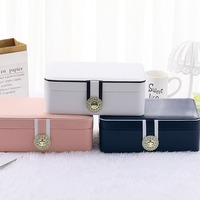 Boîte à bijoux cristalline avec fermoir en strass, organisateur à deux niveaux en cuir PU, rose blush, blanc, bleu marine, rangement, cadeau pour femmes