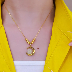 Moon Jade Rabbit Pendant Necklace Stainless Steel Hetian Jade Clavicle Chain For Women Gift Animal Zodiac Style - Product Image 3