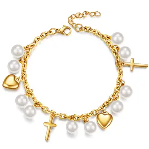 Pulsera de lujo de acero inoxidable con perlas, cadena de eslabones chapada en oro de 18K con Cruz de corazón, joyería para mujer